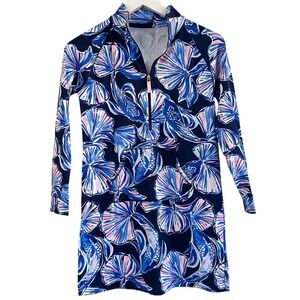 Lilly Pulitzer UPF50 Skipper Popover Dress Small Bright Navy in Reel Life Print‎